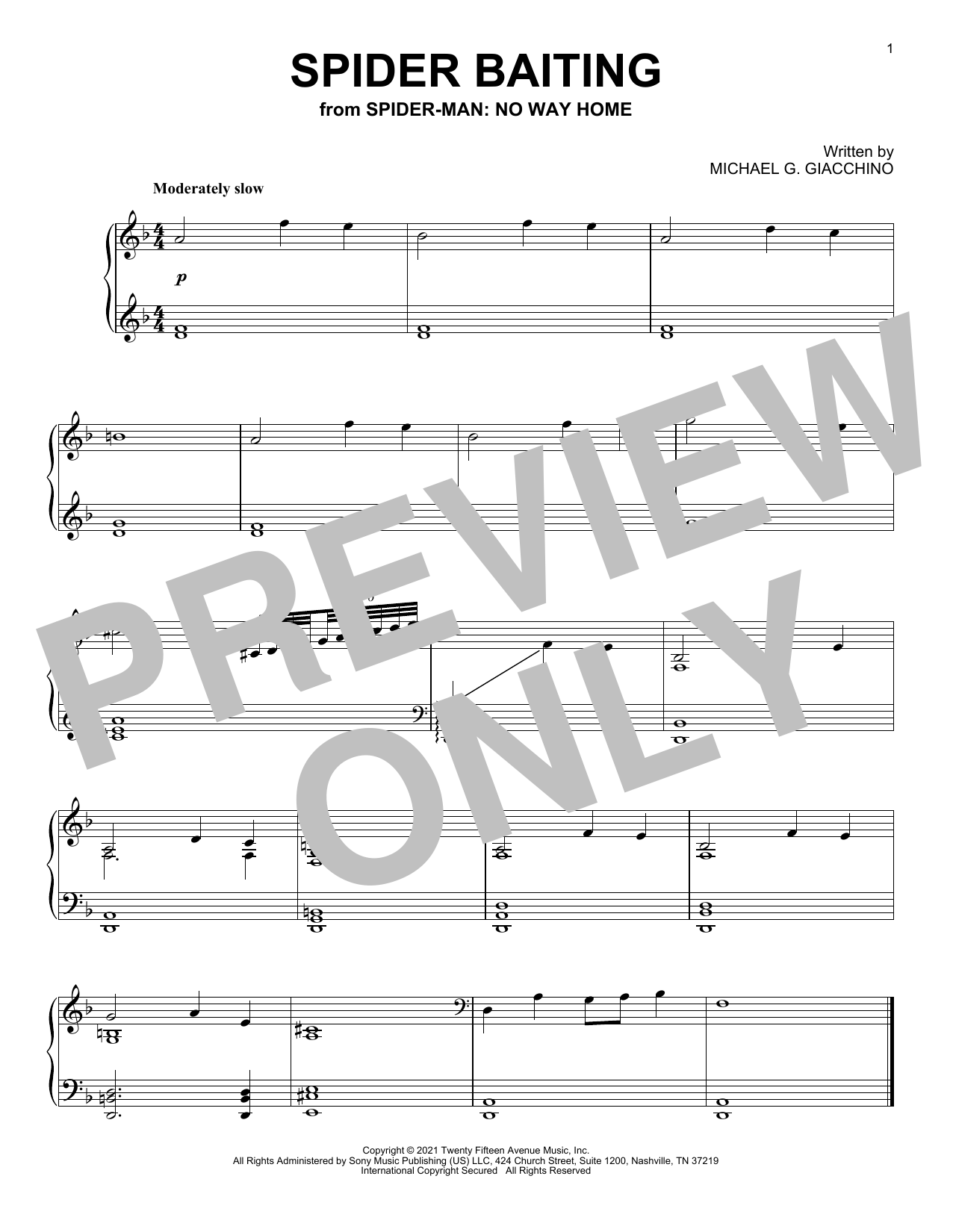 Michael Giacchino Spider Baiting (from Spider-Man: No Way Home) sheet music notes and chords arranged for Piano Solo