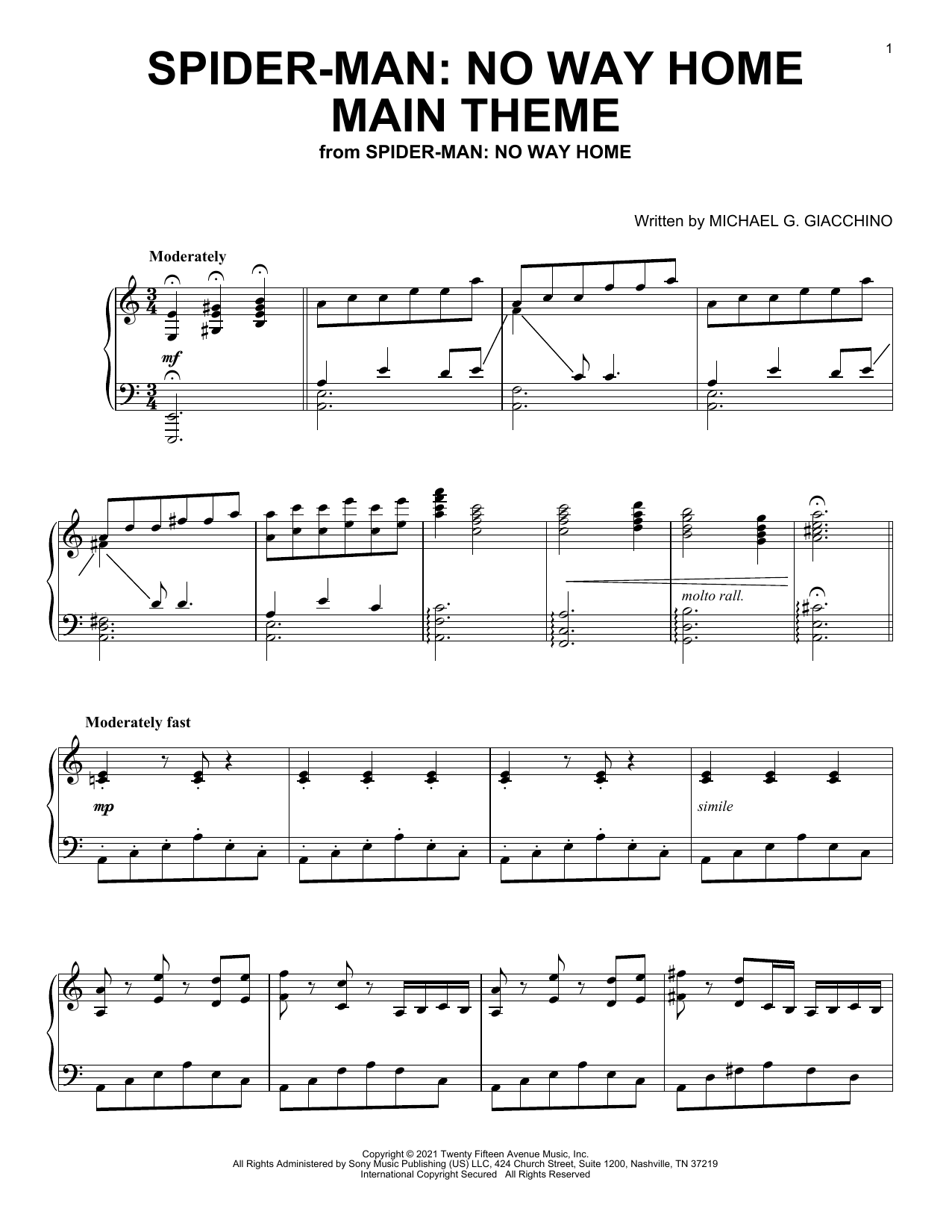 Michael Giacchino Spider-Man: No Way Home Main Theme (from Spider-Man: No Way Home) sheet music notes and chords arranged for Piano Solo