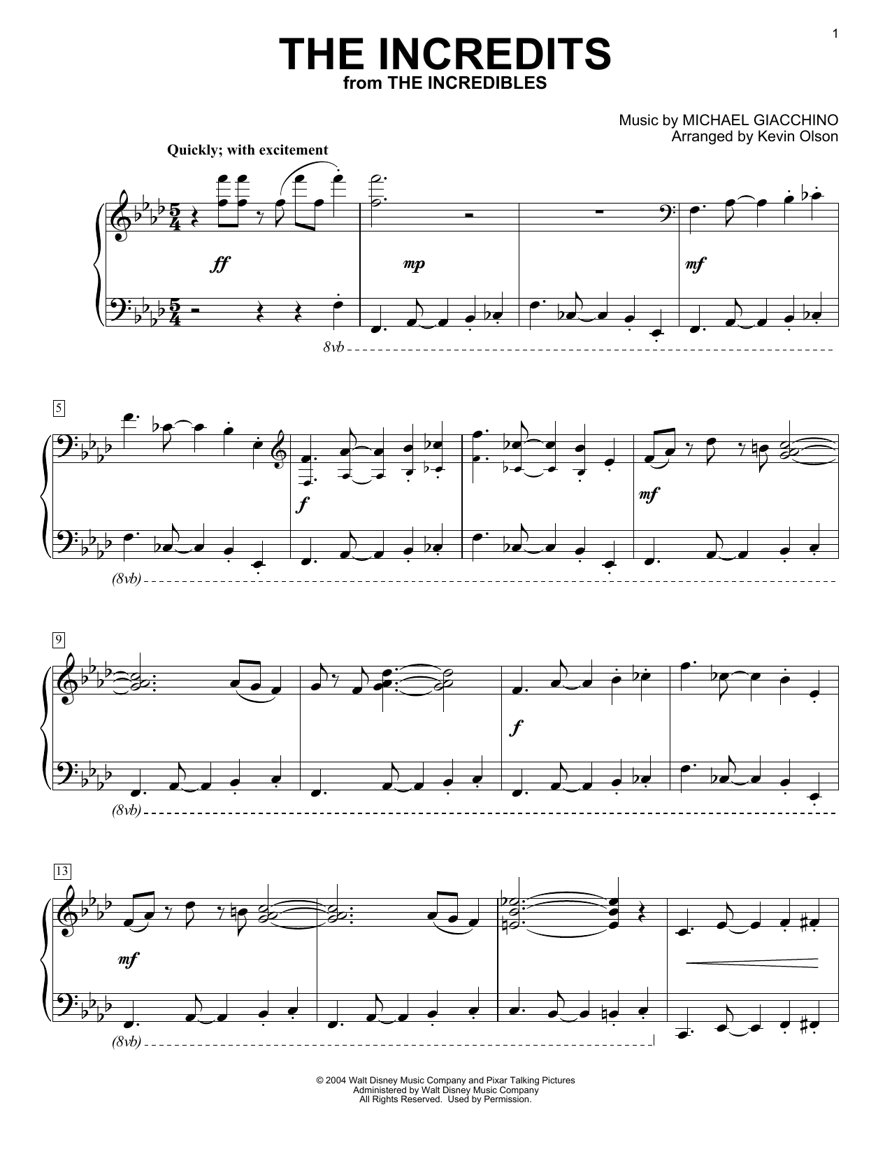 Michael Giacchino The Incredits (from The Incredibles) (arr. Kevin Olson) sheet music notes and chords arranged for Easy Piano Solo