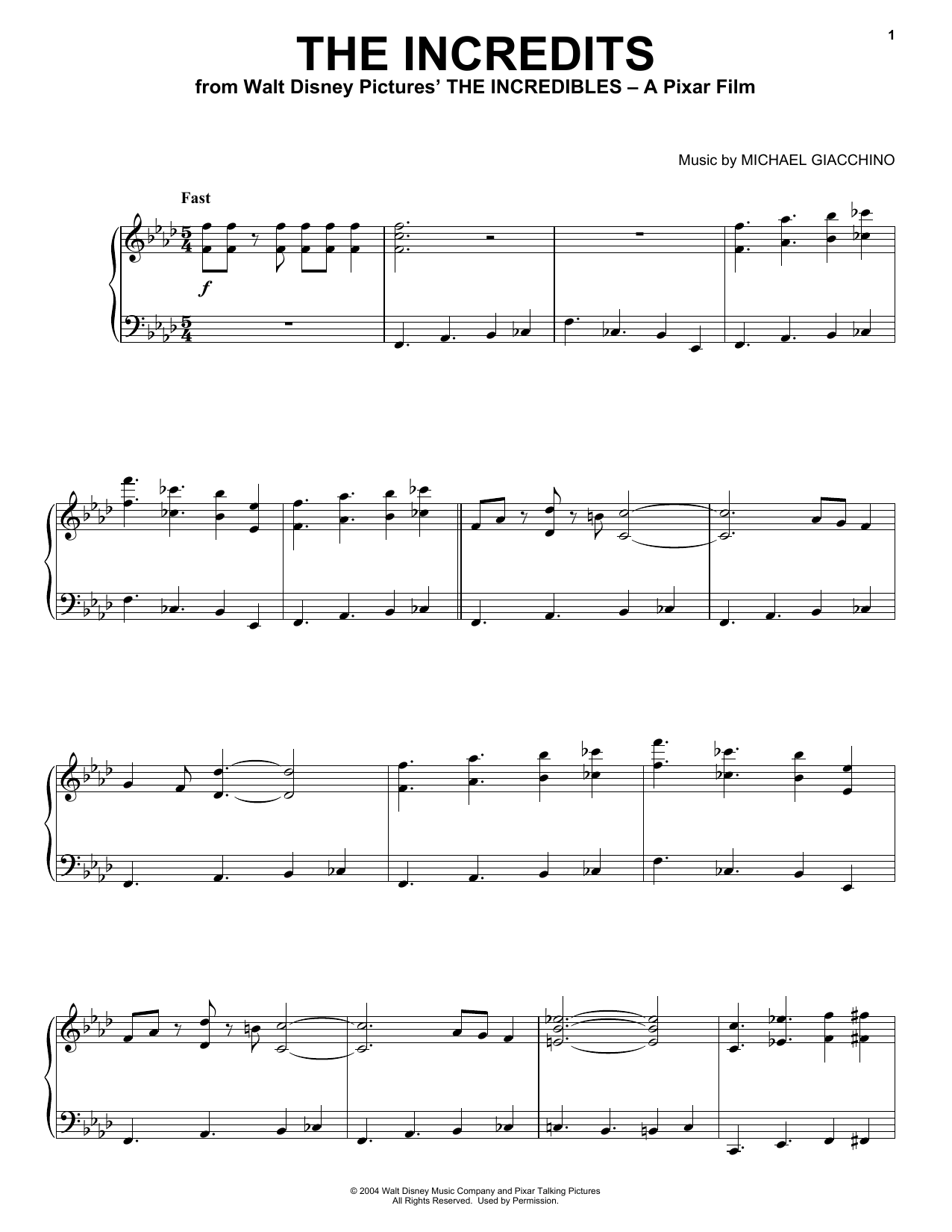Michael Giacchino The Incredits (from The Incredibles) sheet music notes and chords arranged for Piano Solo