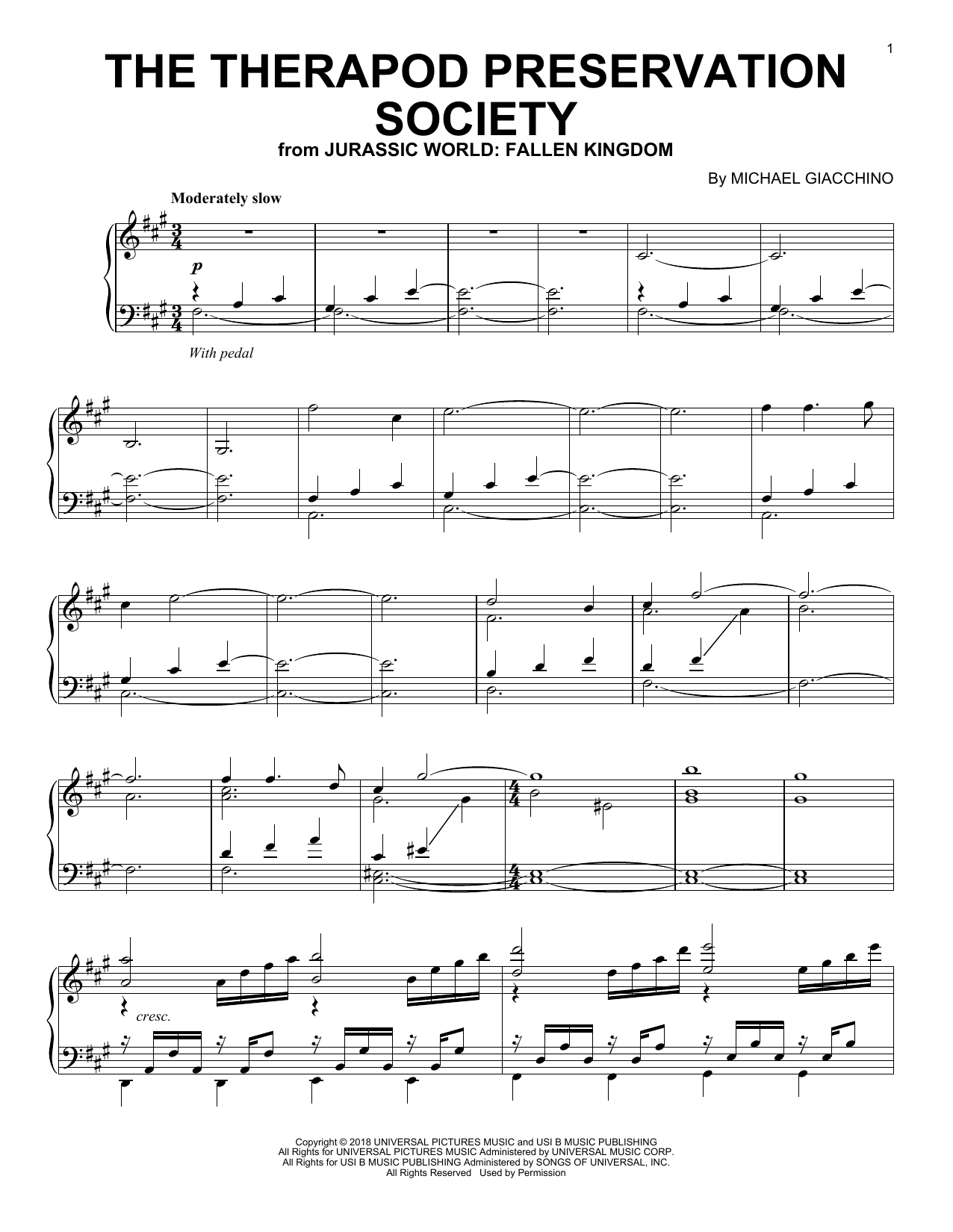 Michael Giacchino The Theropod Preservation Society (from Jurassic World: Fallen Kingdom) sheet music notes and chords arranged for Piano Solo