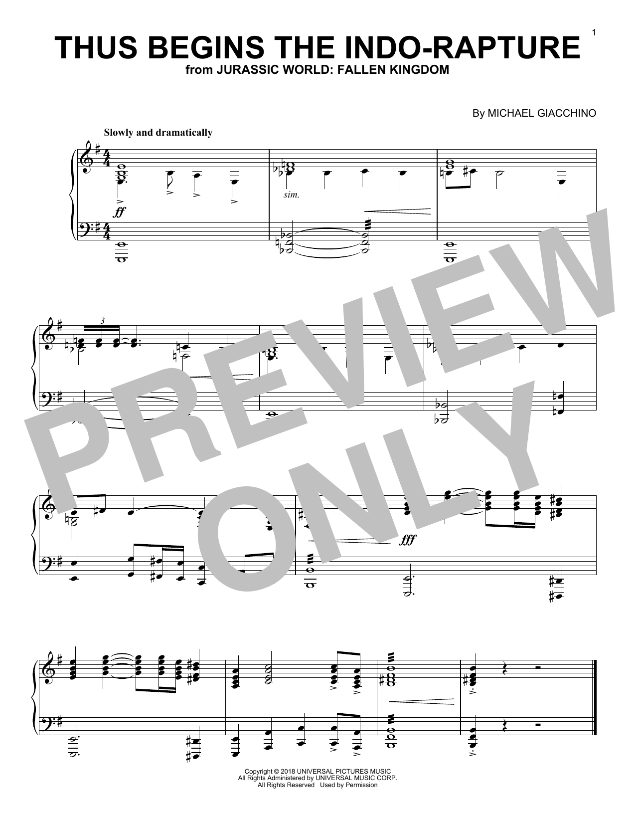 Michael Giacchino Thus Begins The Indo-Rapture (from Jurassic World: Fallen Kingdom) sheet music notes and chords arranged for Piano Solo