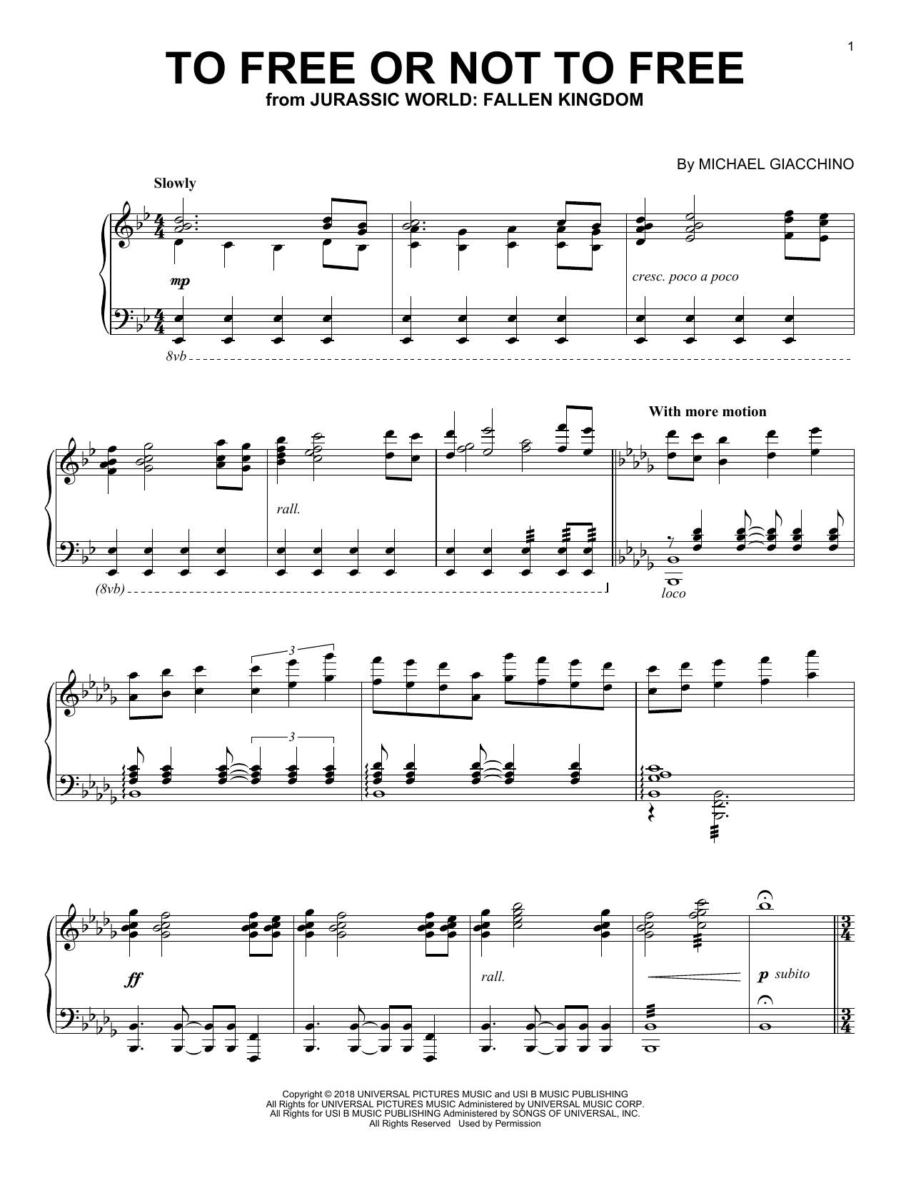 Michael Giacchino To Free Or Not To Free (from Jurassic World: Fallen Kingdom) sheet music notes and chords arranged for Piano Solo