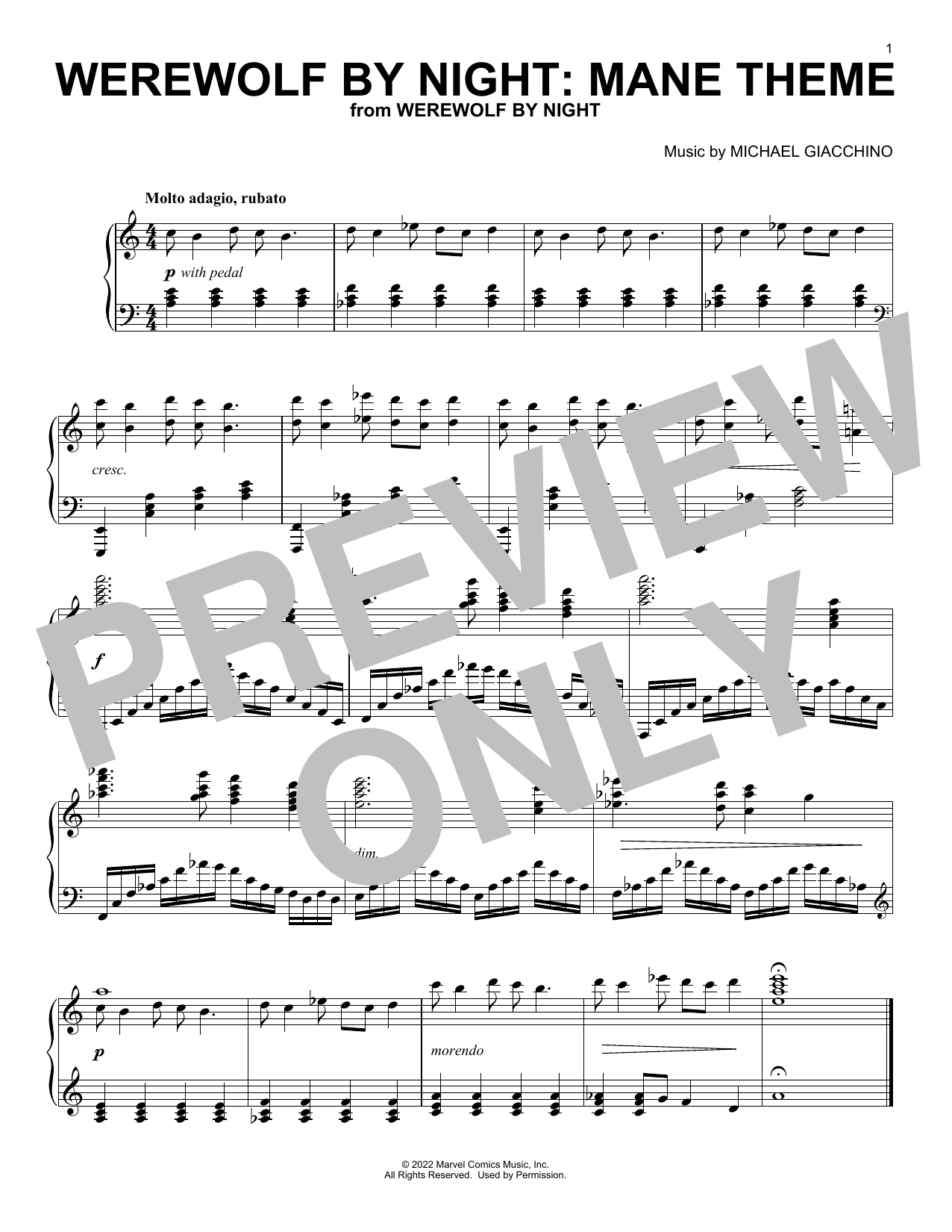 Michael Giacchino WEREWOLF BY NIGHT: MANE THEME sheet music notes and chords arranged for Piano Solo