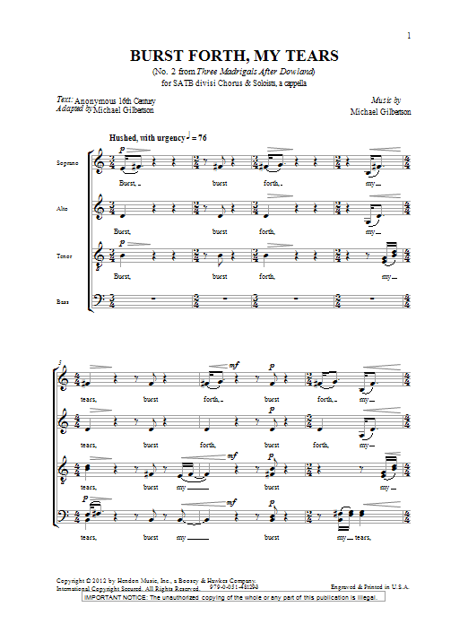 Michael Gilbertson Burst Forth, My Tears sheet music notes and chords arranged for SATB Choir