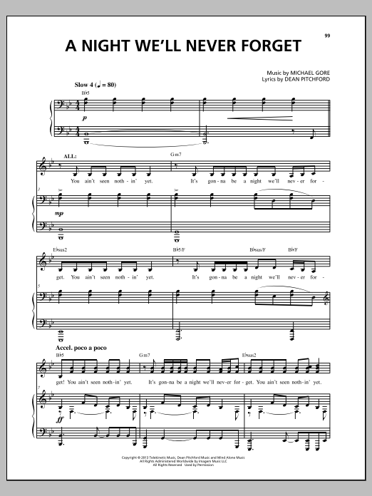 Michael Gore A Night We'll Never Forget (from Carrie The Musical) sheet music notes and chords arranged for Piano & Vocal