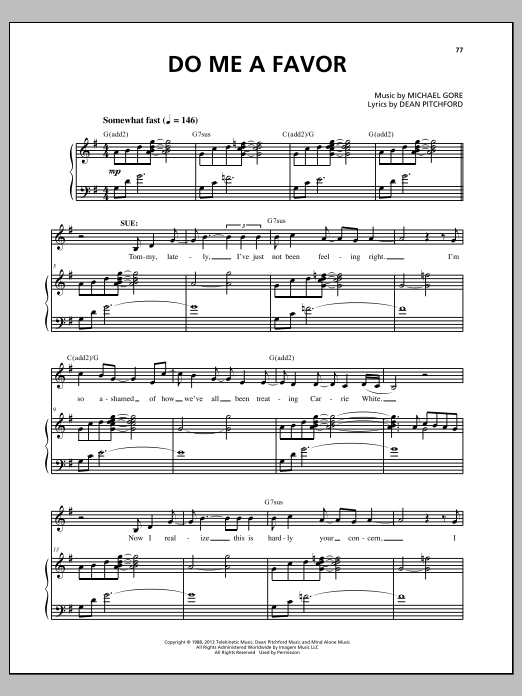 Michael Gore Do Me A Favor (from Carrie The Musical) sheet music notes and chords arranged for Piano & Vocal