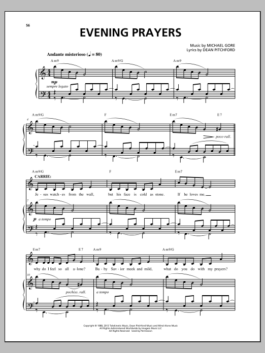 Michael Gore Evening Prayers (from Carrie The Musical) sheet music notes and chords arranged for Piano & Vocal