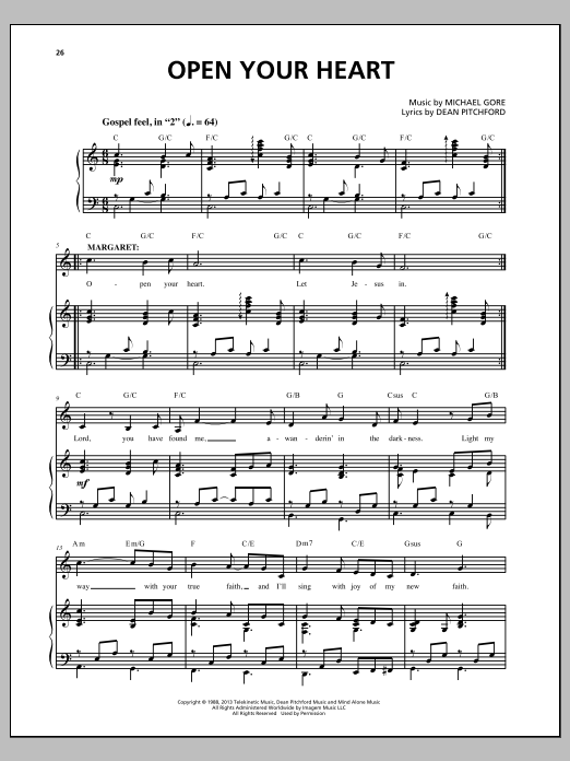 Michael Gore Open Your Heart (from Carrie The Musical) sheet music notes and chords arranged for Piano & Vocal