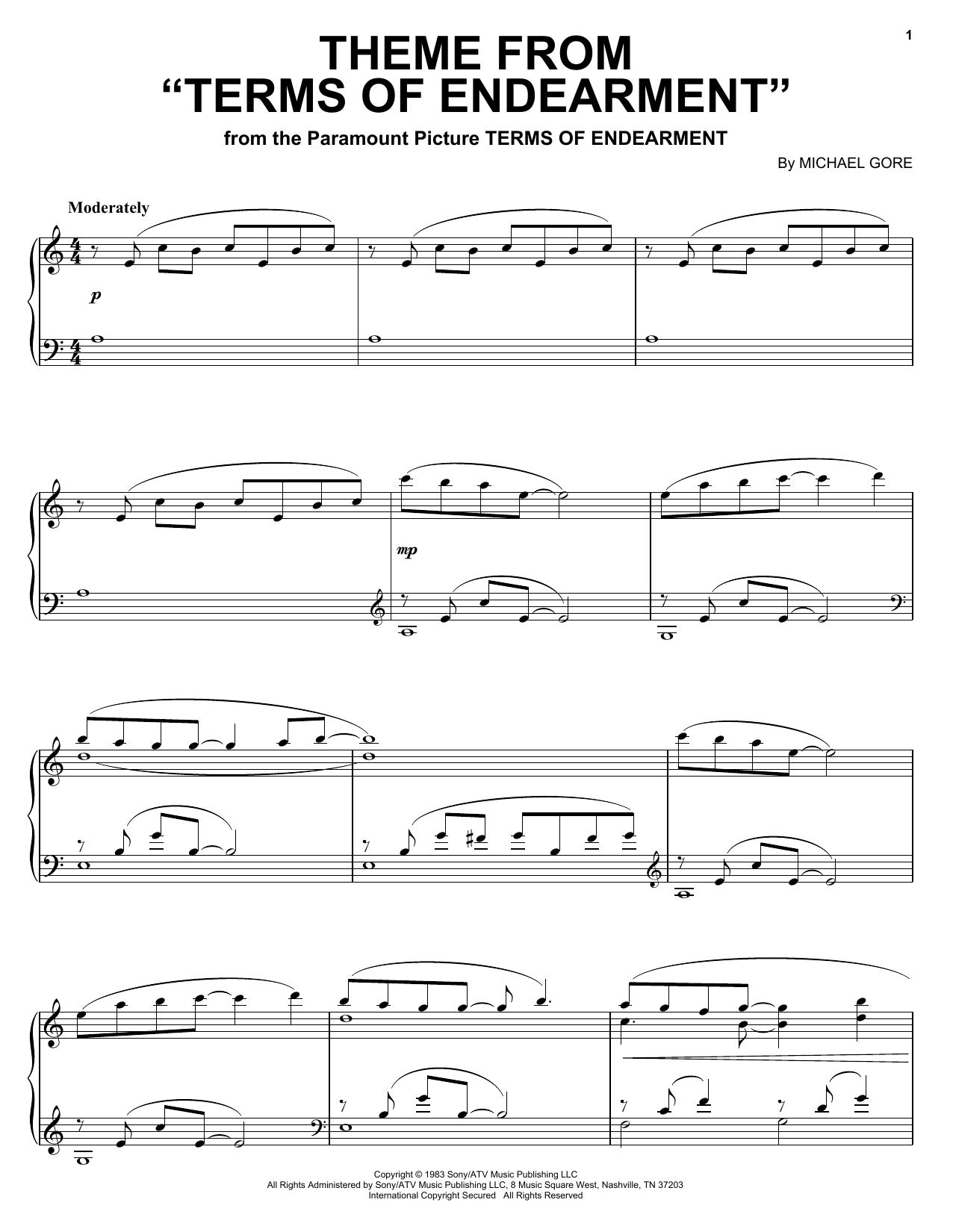 Michael Gore Theme from Terms Of Endearment sheet music notes and chords arranged for Piano Solo