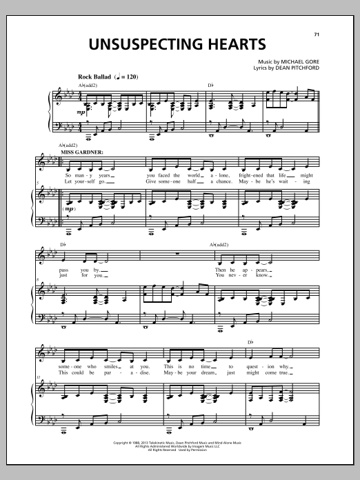Michael Gore Unsuspecting Hearts (from Carrie The Musical) sheet music notes and chords arranged for Piano & Vocal