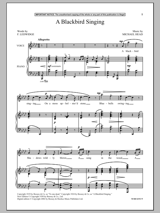 Michael Head A Blackbird Singing sheet music notes and chords arranged for Piano & Vocal