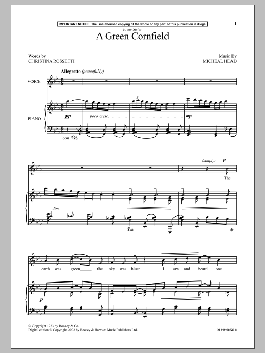 Michael Head A Green Cornfield sheet music notes and chords arranged for Piano & Vocal