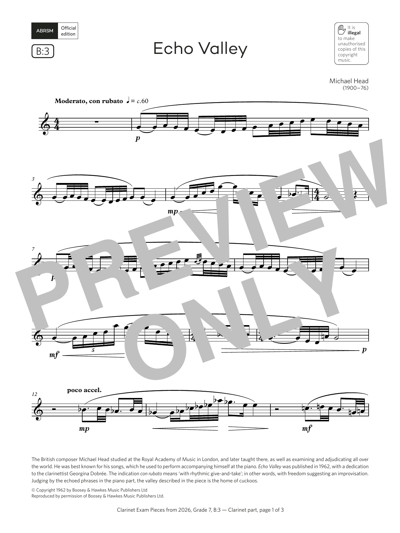 Michael Head Echo Valley (Grade 7, list B3, from the ABRSM Clarinet Syllabus from 2026) sheet music notes and chords arranged for Clarinet Solo