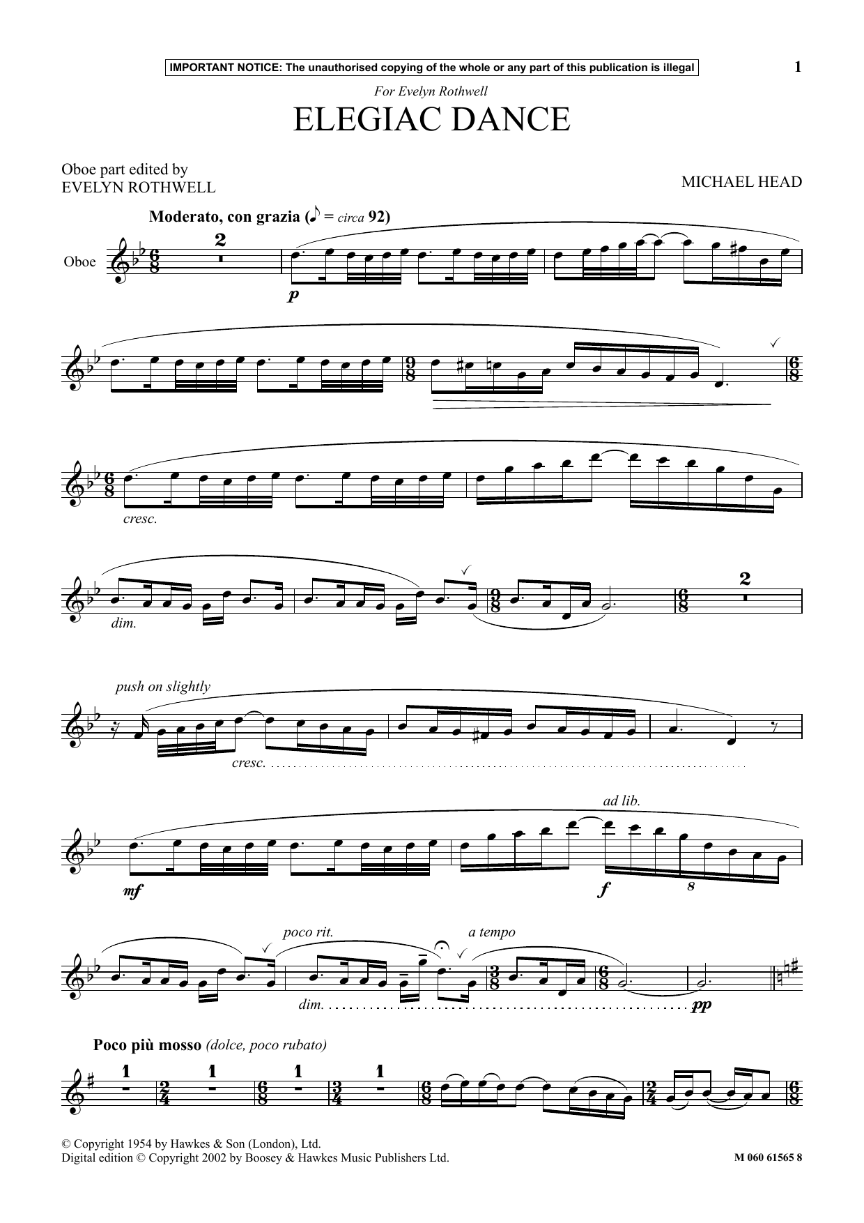 Michael Head Elegiac Dance sheet music notes and chords arranged for Oboe and Piano