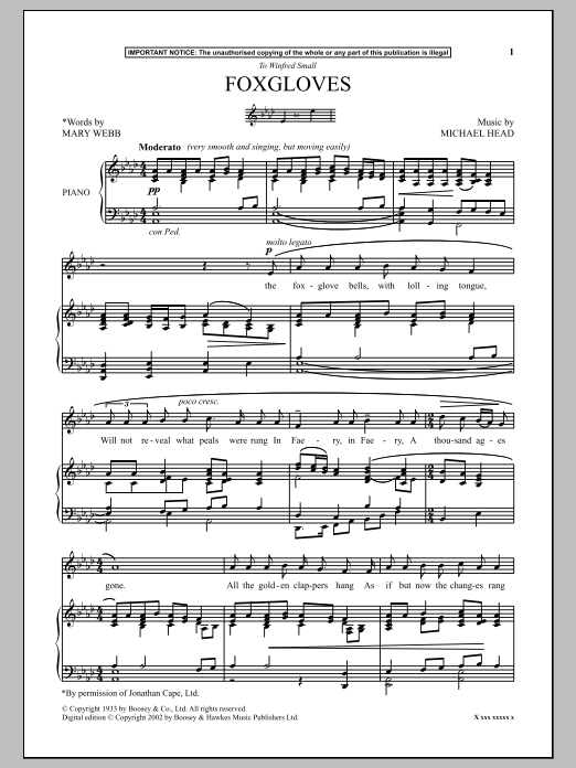 Michael Head Foxgloves sheet music notes and chords arranged for Piano & Vocal