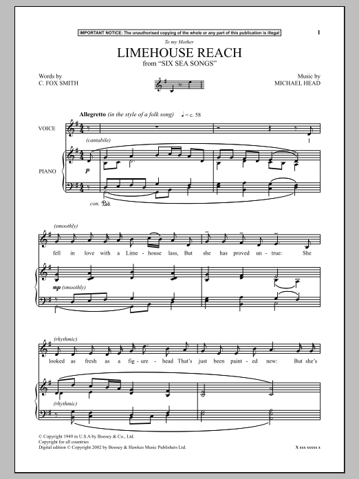Michael Head Limehouse Reach (from Six Sea Songs) sheet music notes and chords arranged for Piano & Vocal