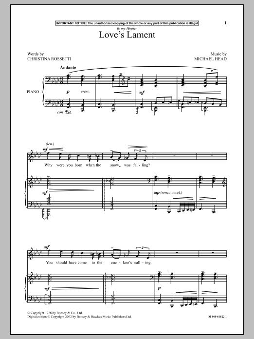 Michael Head Love's Lament sheet music notes and chords arranged for Piano & Vocal