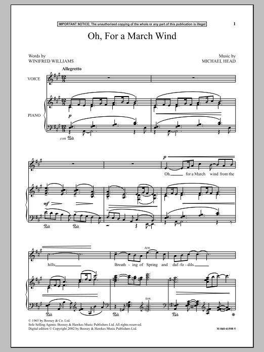 Michael Head Oh, For A March Wind sheet music notes and chords arranged for Piano & Vocal