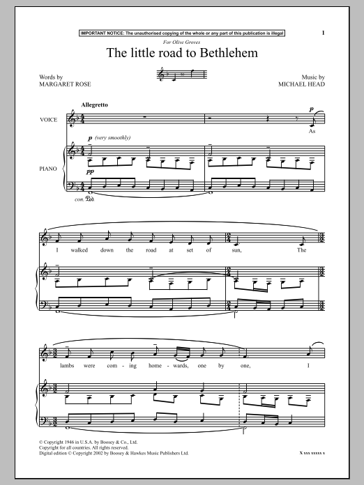 Michael Head The Little Road To Bethlehem sheet music notes and chords arranged for Piano & Vocal