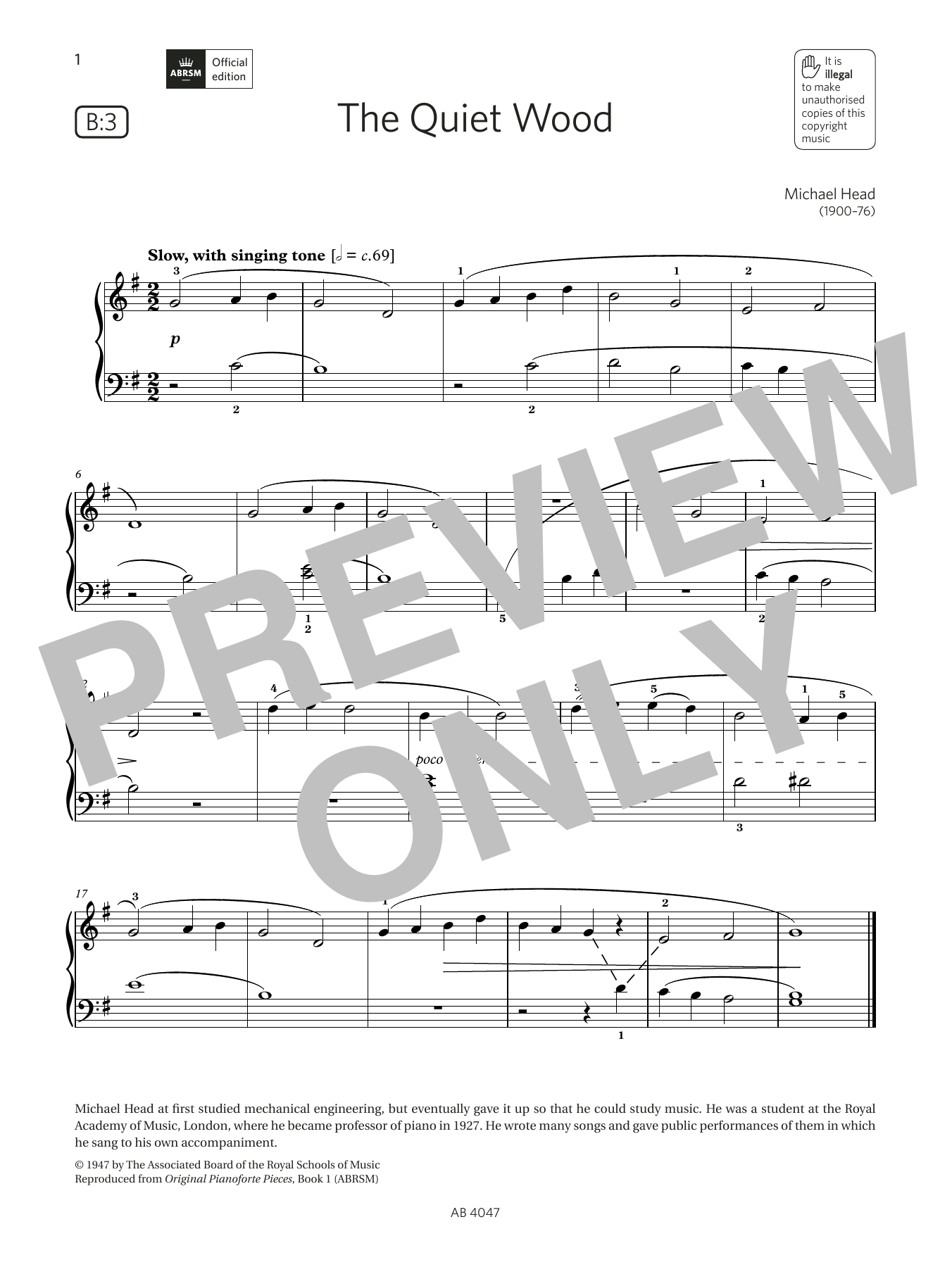 Michael Head The Quiet Wood (Grade 1, list B3, from the ABRSM Piano Syllabus 2023 & 2024) sheet music notes and chords arranged for Piano Solo