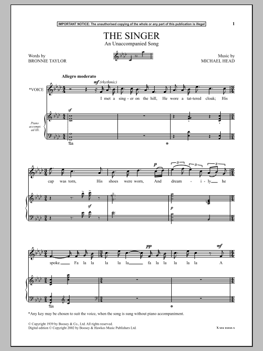 Michael Head The Singer (An Unaccompanied Song) sheet music notes and chords arranged for Piano & Vocal