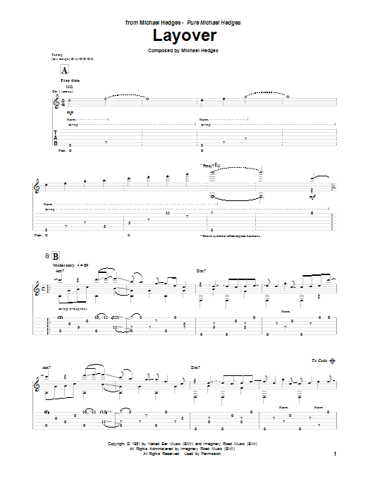 Michael Hedges Layover sheet music notes and chords arranged for Guitar Tab