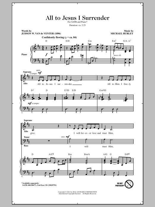 Michael Hurley All To Jesus I Surrender sheet music notes and chords arranged for SATB Choir
