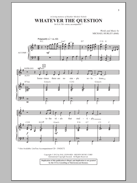 Michael Hurley Whatever The Question sheet music notes and chords arranged for SATB Choir