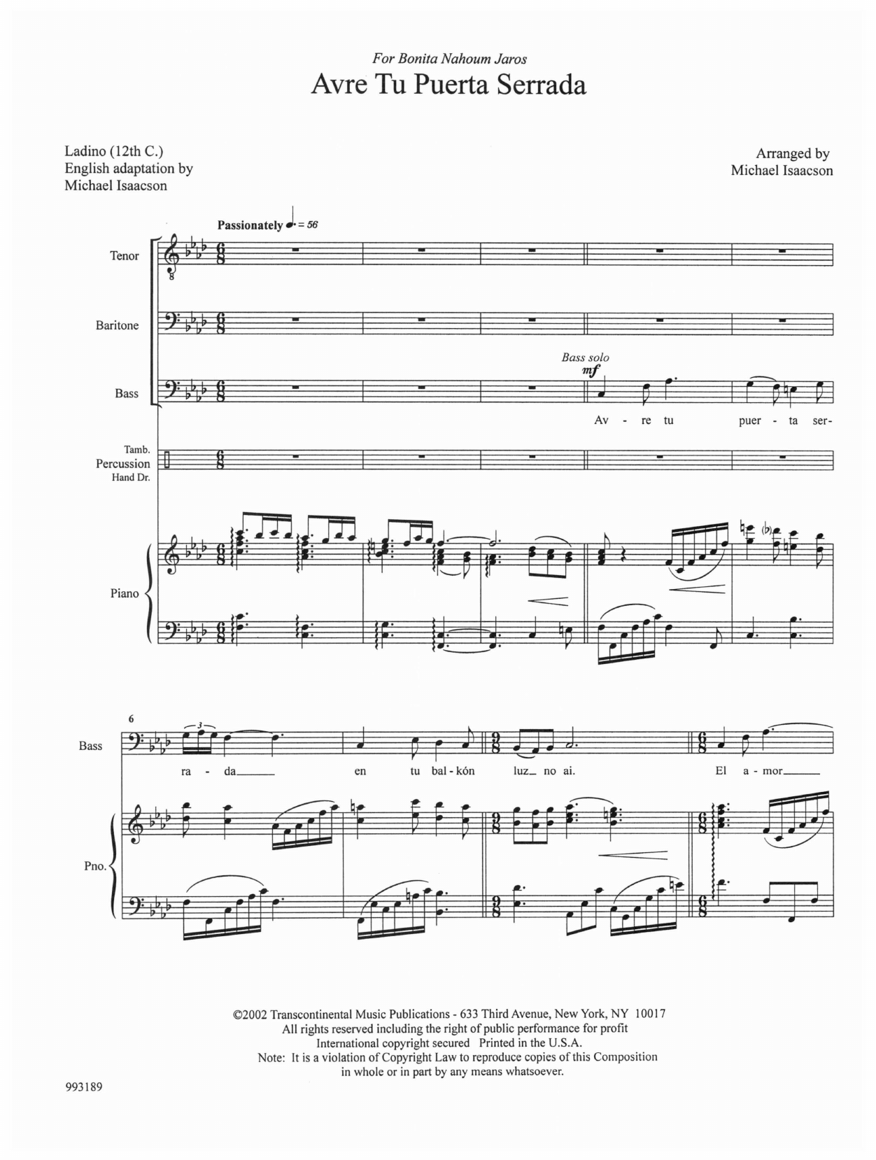Michael Isaacson Avre Tu Puerta Serrada (Let The Gates Of Your Love Be Opened) sheet music notes and chords arranged for TBB Choir