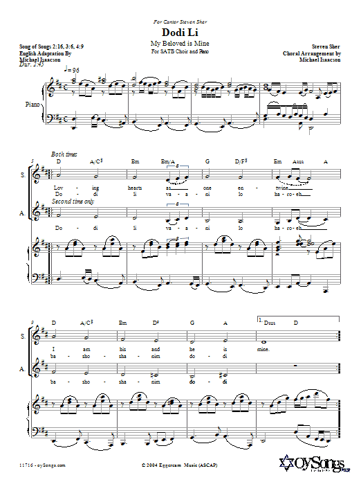 Michael Isaacson Dodi Li sheet music notes and chords arranged for SATB Choir