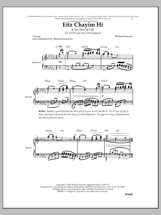 Michael Isaacson Eitz Chayim Hi sheet music notes and chords arranged for SATB Choir