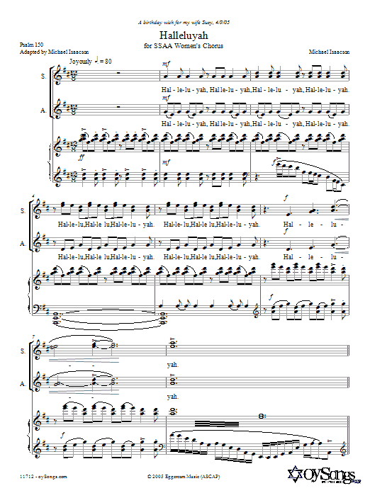 Michael Isaacson Halleluyah (Psalm 150) sheet music notes and chords arranged for SSA Choir