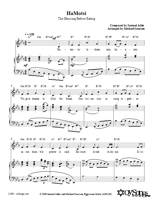 Michael Isaacson HaMotsi sheet music notes and chords arranged for Piano, Vocal & Guitar Chords (Right-Hand Melody)