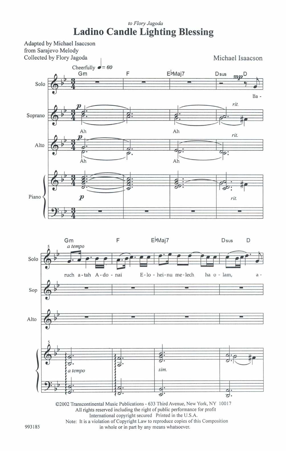 Michael Isaacson Ladino Candle Blessing sheet music notes and chords arranged for Choir