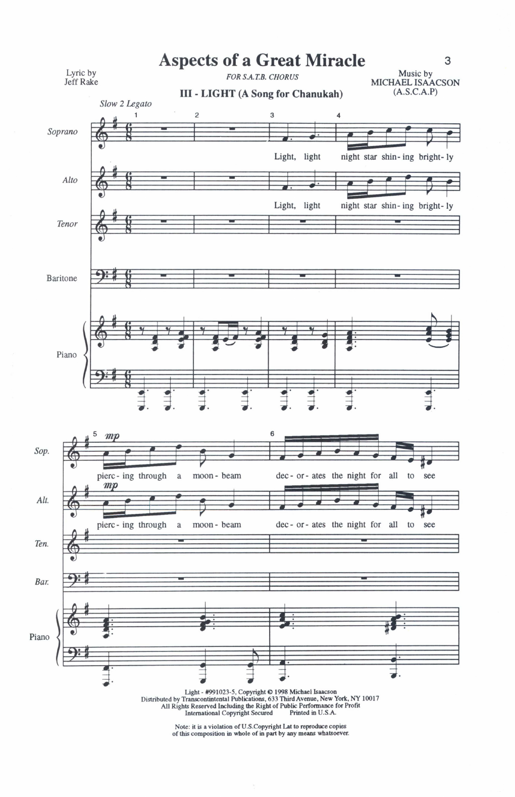 Michael Isaacson Light Piano sheet music notes and chords arranged for SATB Choir