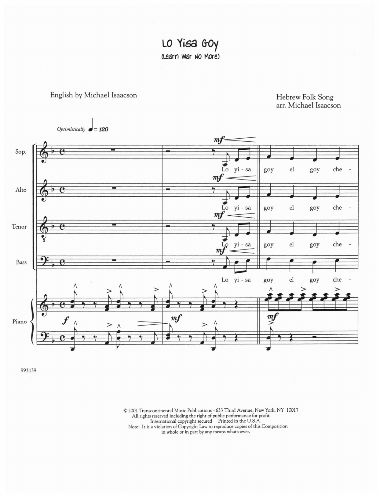 Michael Isaacson Lo Yisa Goy (Learn War No More) sheet music notes and chords arranged for SATB Choir