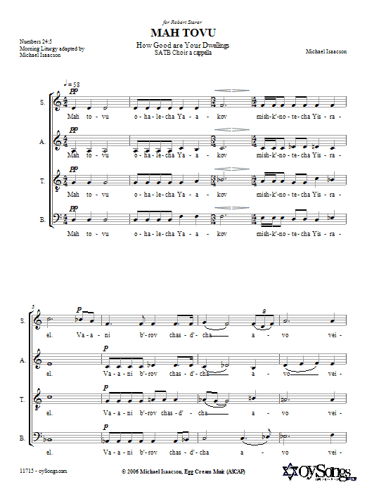 Michael Isaacson Mah Tovu sheet music notes and chords arranged for SATB Choir