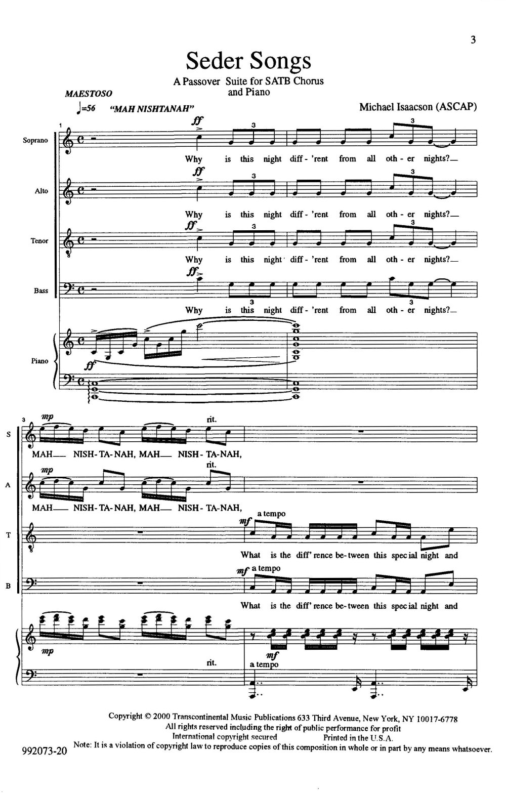 Michael Isaacson Seder Songs sheet music notes and chords arranged for SATB Choir