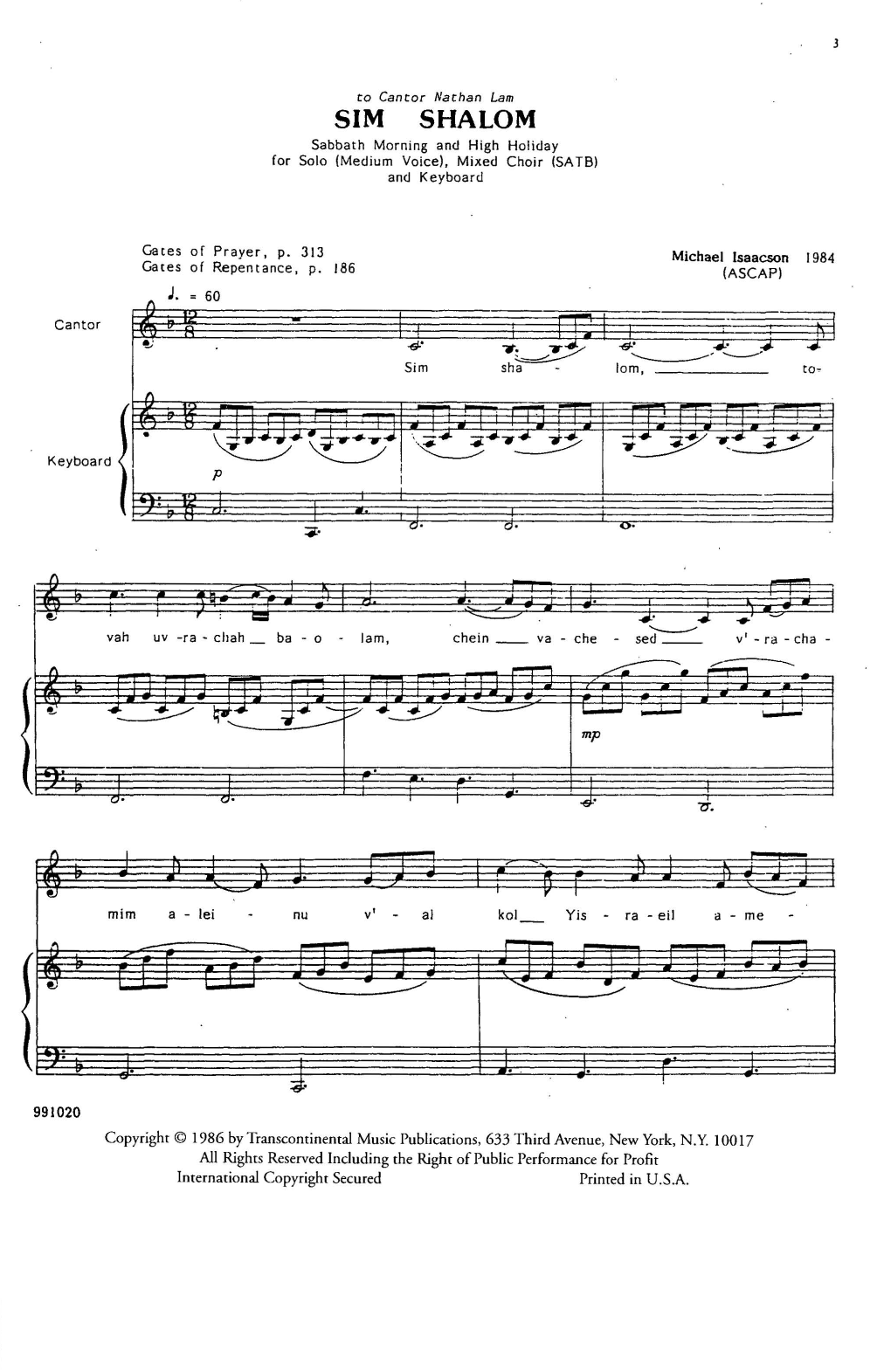 Michael Isaacson Sim Shalom (Grant Us Peace) sheet music notes and chords arranged for SATB Choir