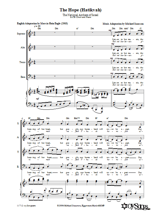 Michael Isaacson The Hope (Hatikvah) sheet music notes and chords arranged for SATB Choir