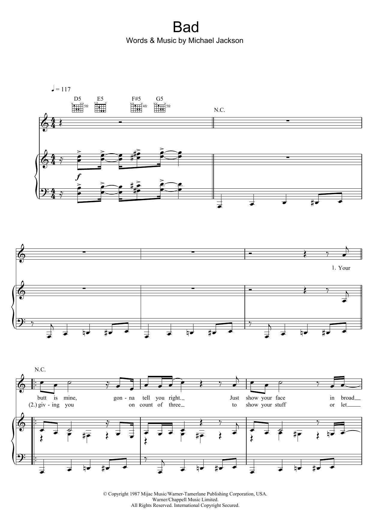 Michael Jackson Bad sheet music notes and chords arranged for Piano, Vocal & Guitar Chords (Right-Hand Melody)
