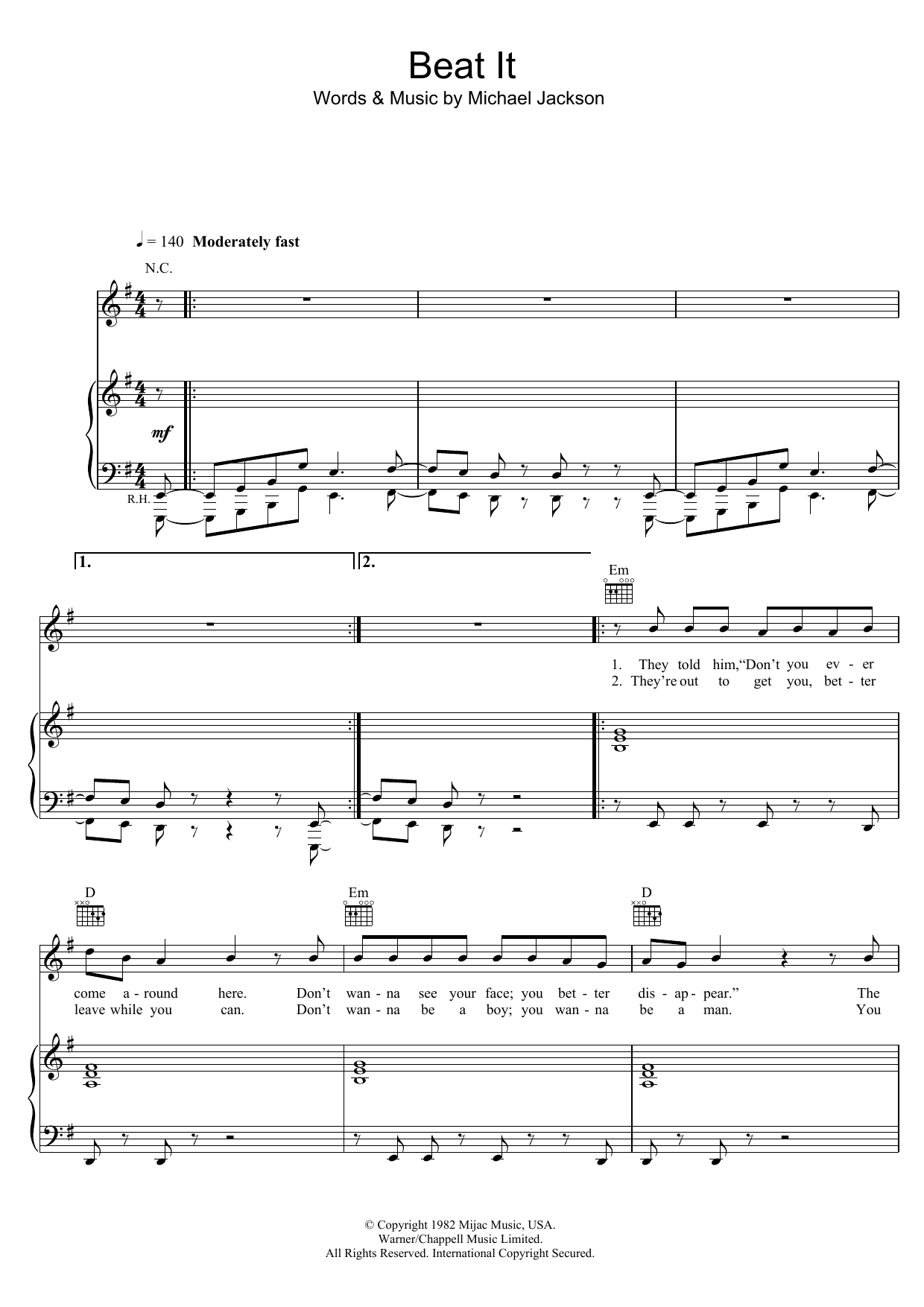 Michael Jackson Beat It sheet music notes and chords arranged for Super Easy Piano