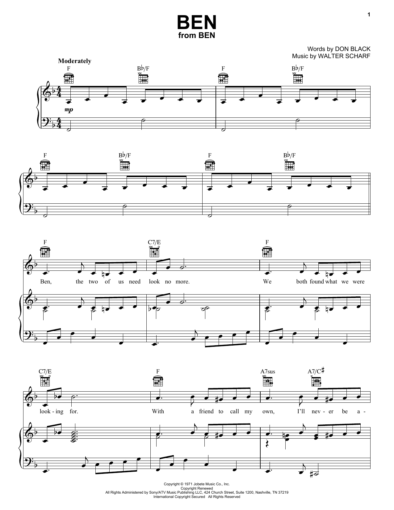 Michael Jackson Ben sheet music notes and chords arranged for Piano Chords/Lyrics