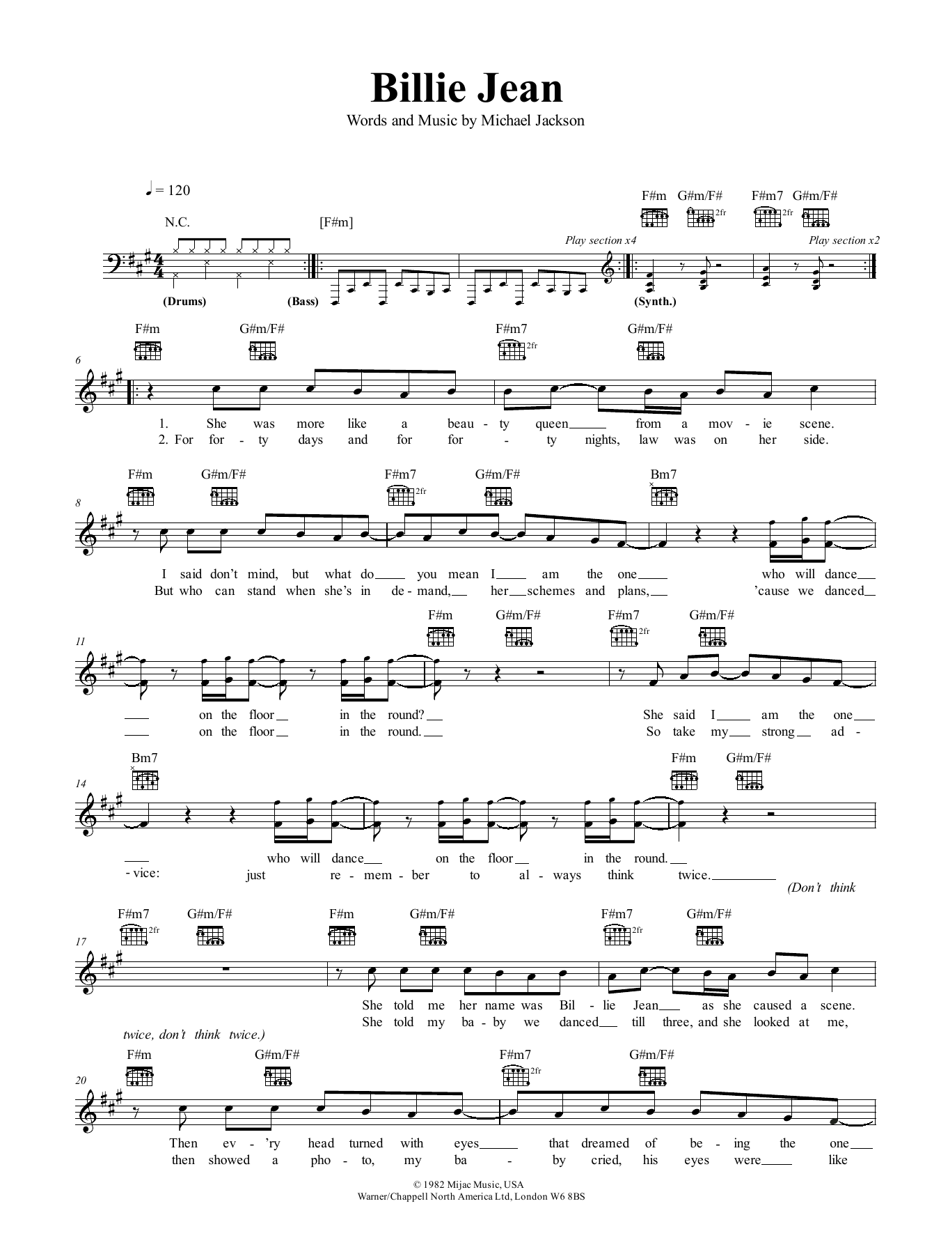 Michael Jackson Billie Jean sheet music notes and chords arranged for Guitar Chords/Lyrics