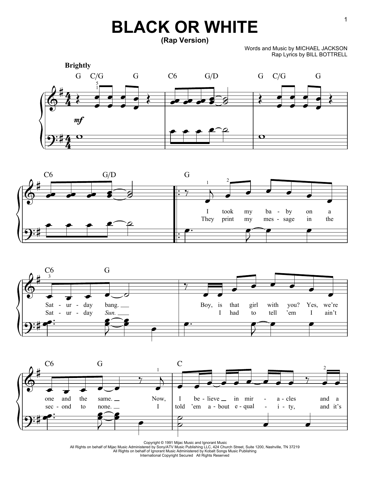 Michael Jackson Black Or White (Rap Version) sheet music notes and chords arranged for Easy Piano