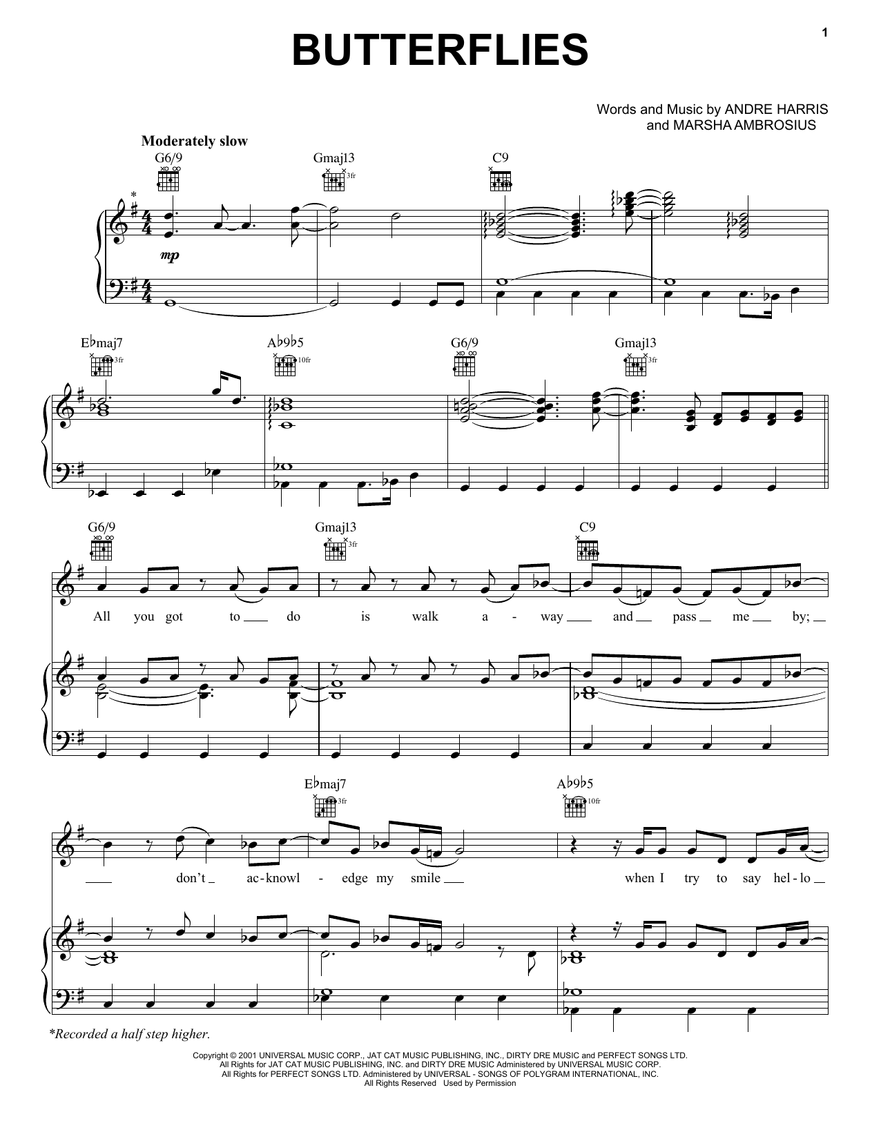 Michael Jackson Butterflies sheet music notes and chords arranged for Piano, Vocal & Guitar Chords (Right-Hand Melody)