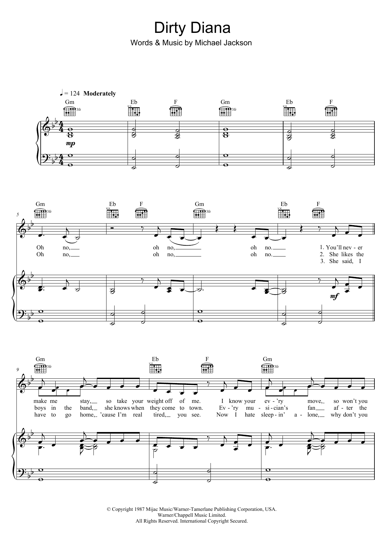 Michael Jackson Dirty Diana sheet music notes and chords arranged for Piano, Vocal & Guitar Chords (Right-Hand Melody)