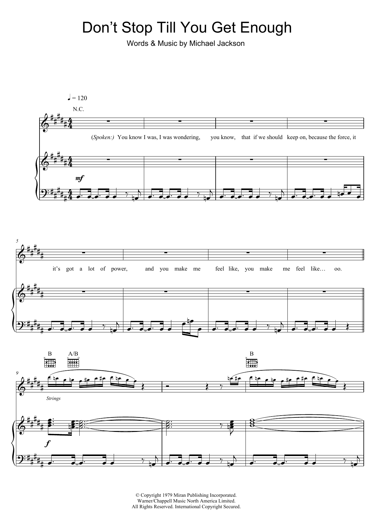 Michael Jackson Don't Stop Till You Get Enough sheet music notes and chords arranged for Piano, Vocal & Guitar Chords (Right-Hand Melody)