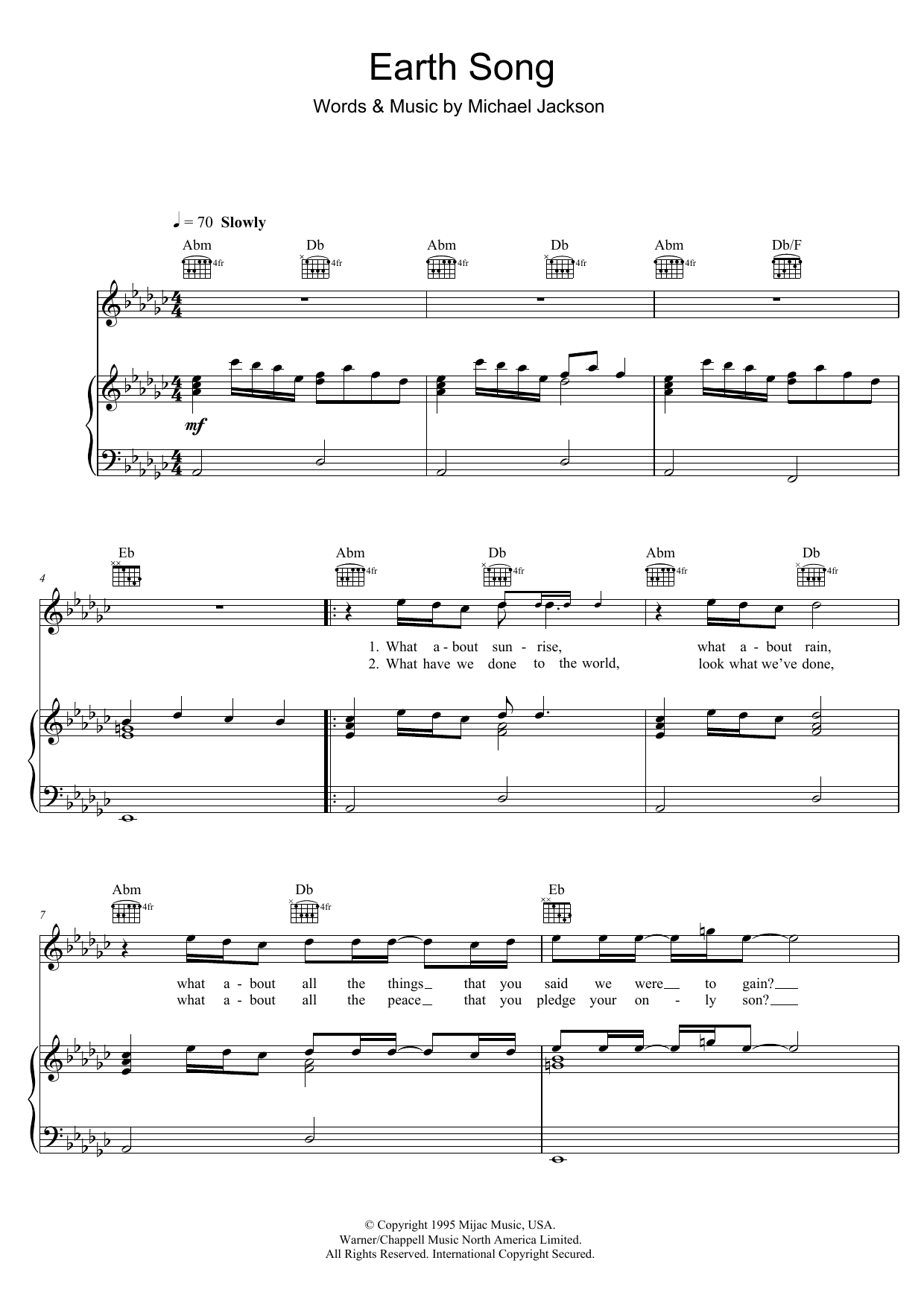 Michael Jackson Earth Song sheet music notes and chords arranged for Piano, Vocal & Guitar Chords (Right-Hand Melody)